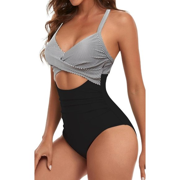 Women's One Piece Tummy Control Cutout High Waisted Wrap Tie Back Swimsuit - Picture 2 of 6